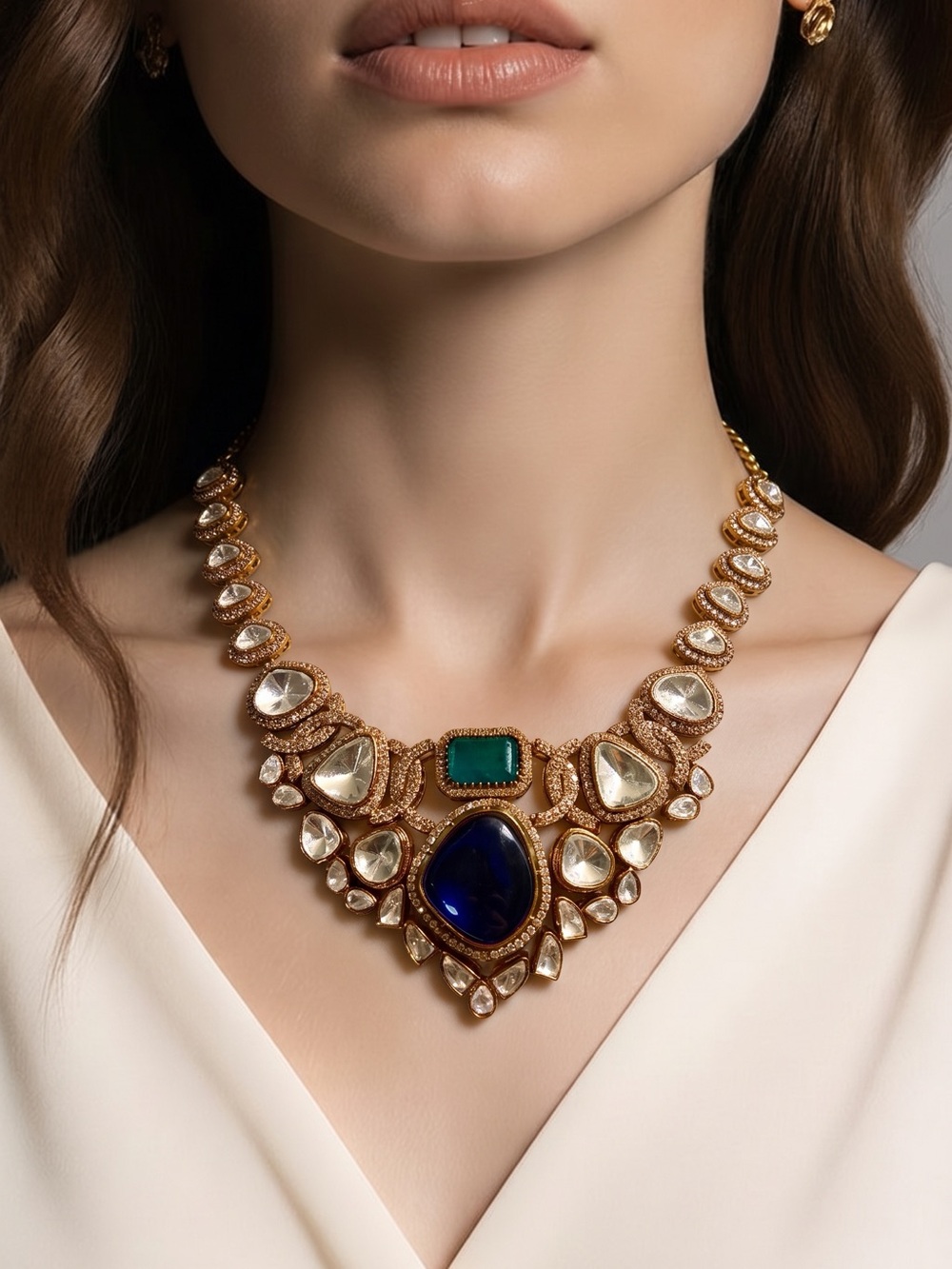 Gold-Tone Statement Necklace with Blue tourmaline and Green Jade Accents